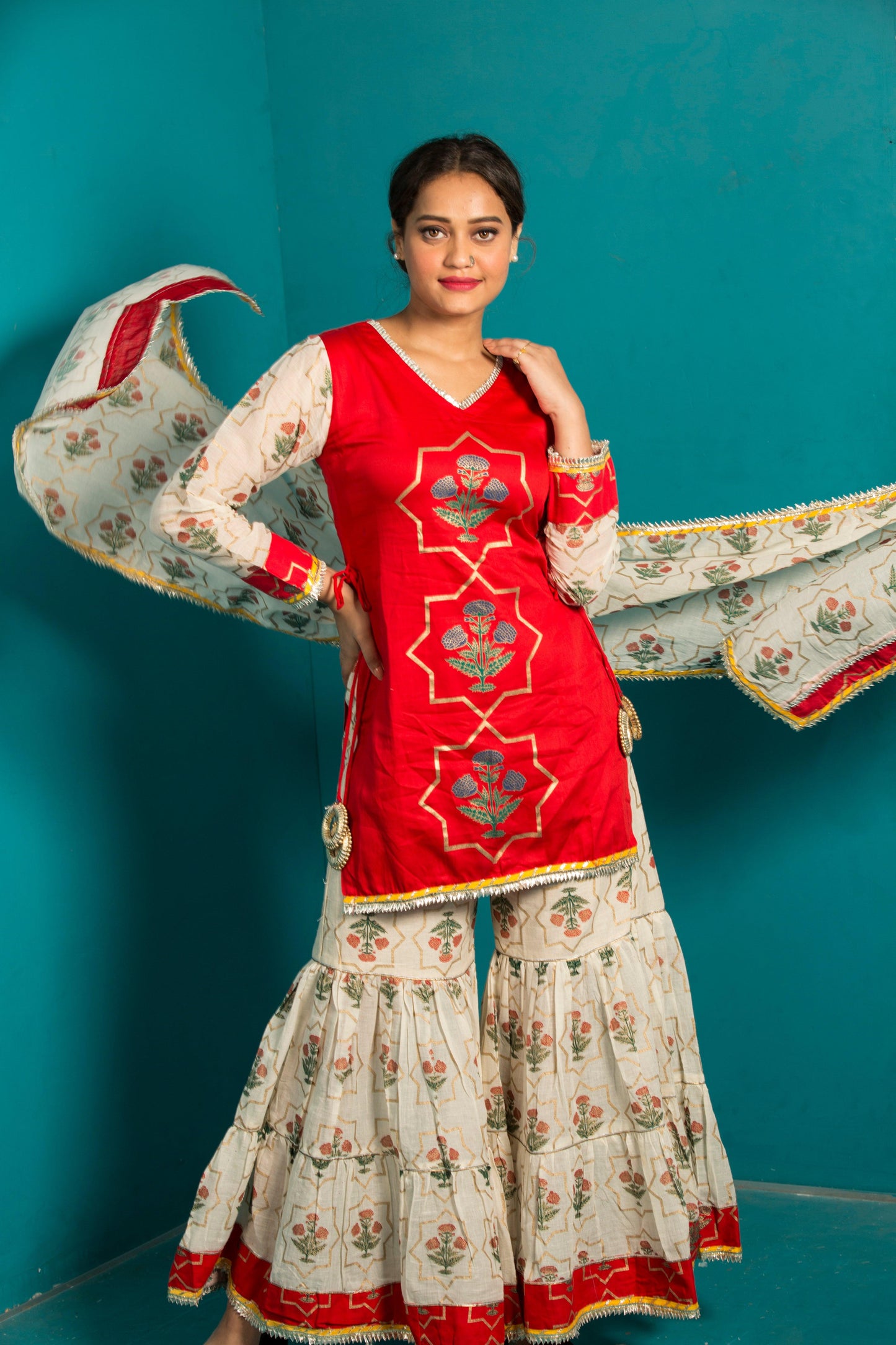 Women’s Red Sharara Set with Sharara Pant - Feeric and Guzel