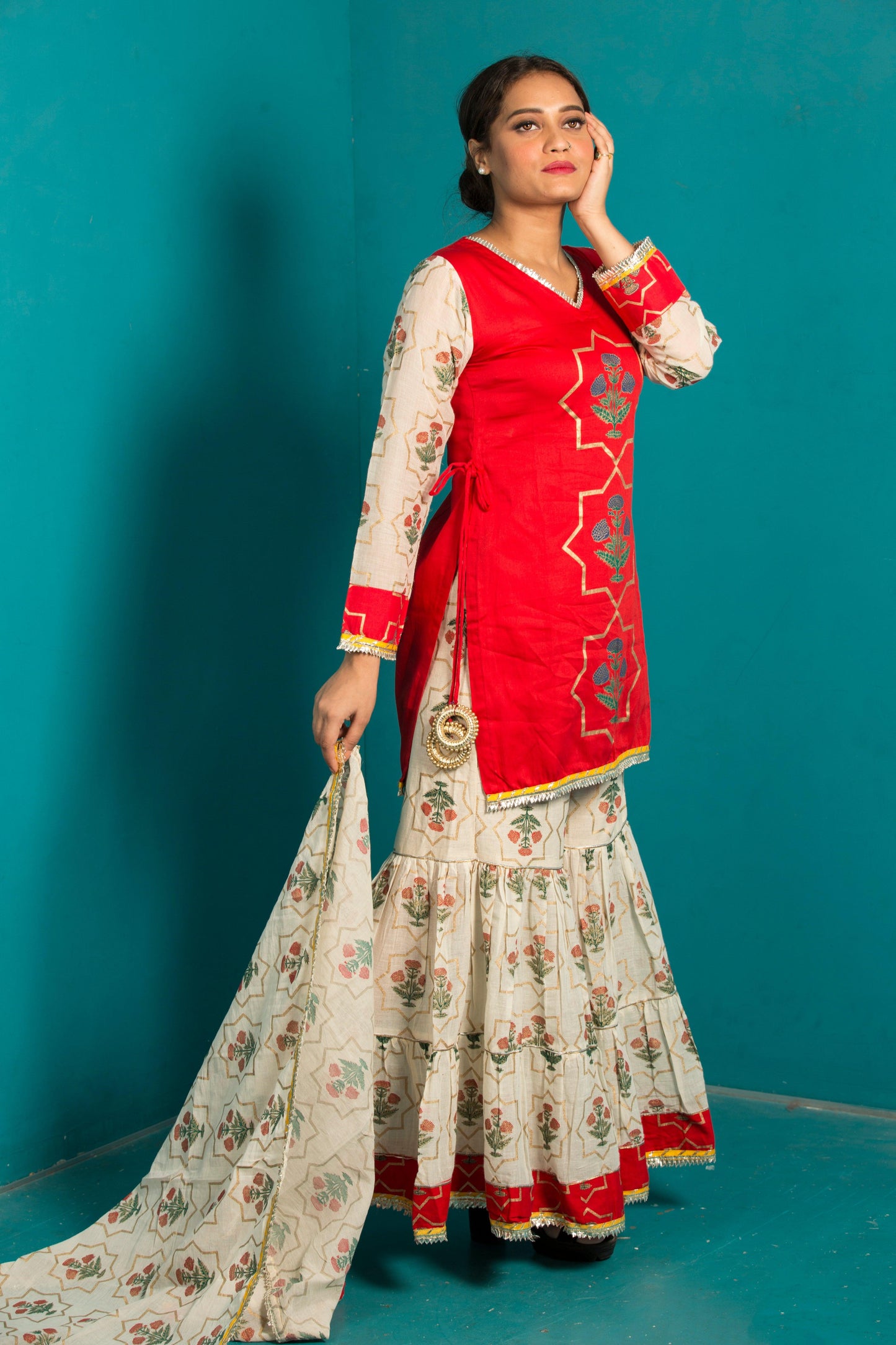 Women’s Red Sharara Set with Sharara Pant - Feeric and Guzel