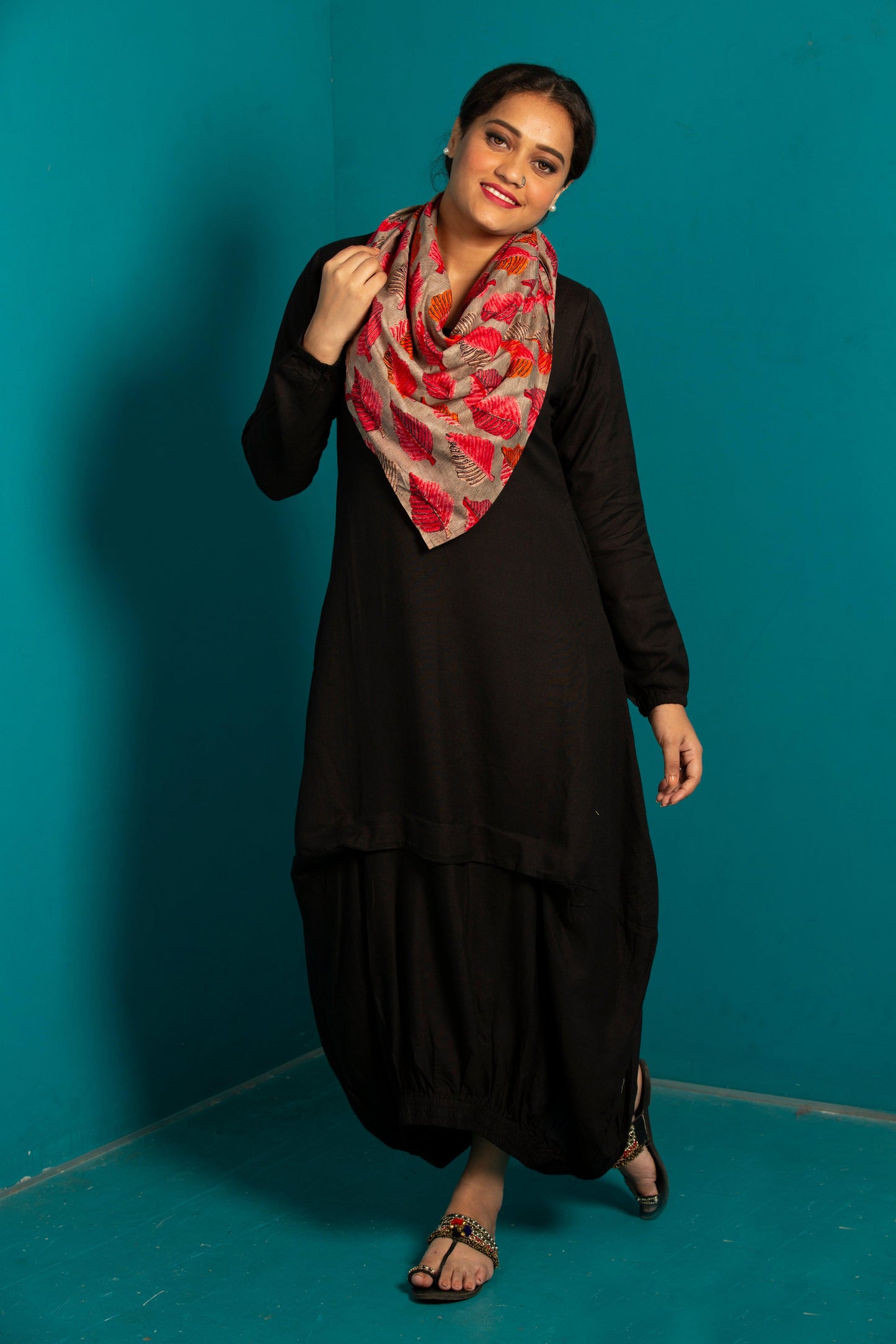 black one piece dress with scarf - Feeric and Guzel