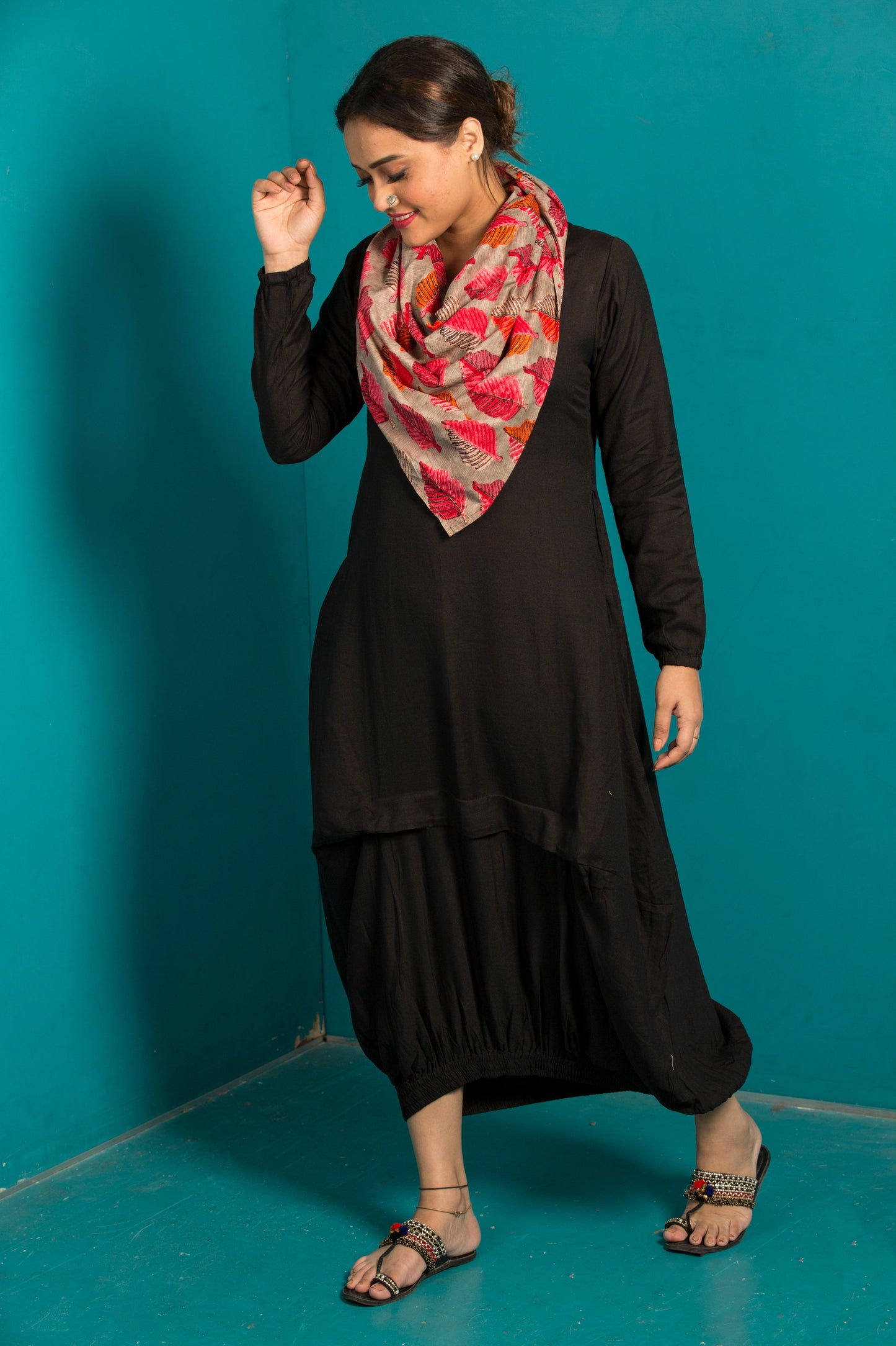 black one piece dress with scarf - Feeric and Guzel