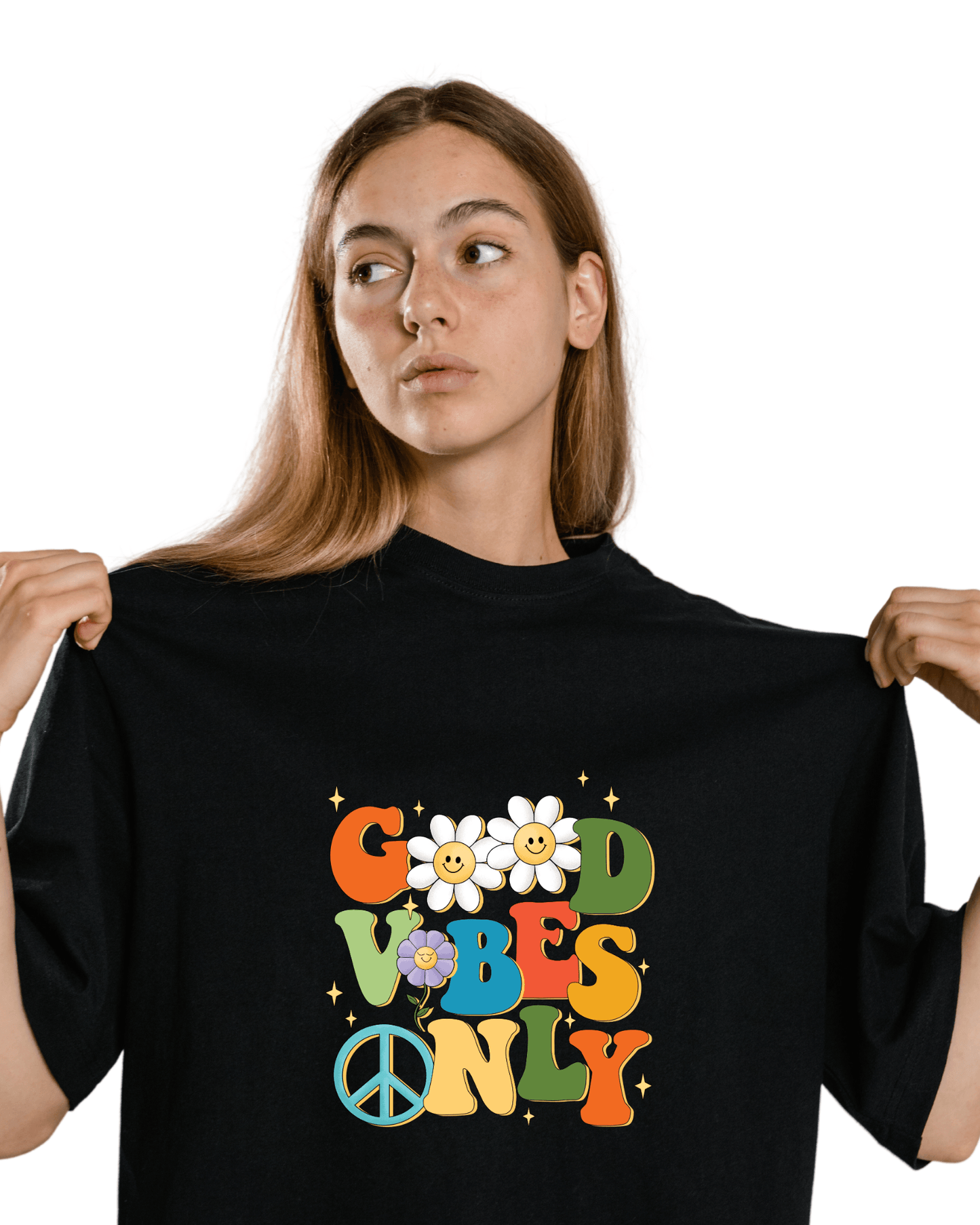 Spread good vibes with this high-quality unisex t-shirt! Made with comfortable cotton fabric and featuring a fun "good vibes only" print, this shirt is sure to brighten up your day. Perfect for anyone looking to add a little positivity to their wardrobe.