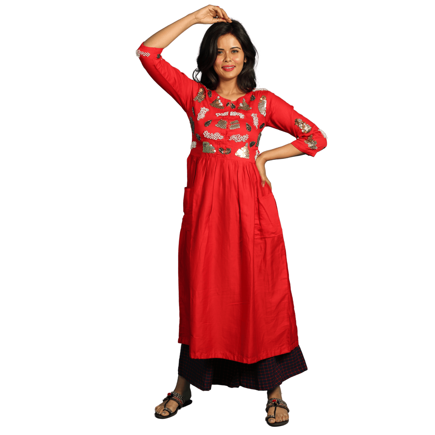Women’s Red Kurta Dress with checks Pant, high quality hand made embroidery available in all sizes