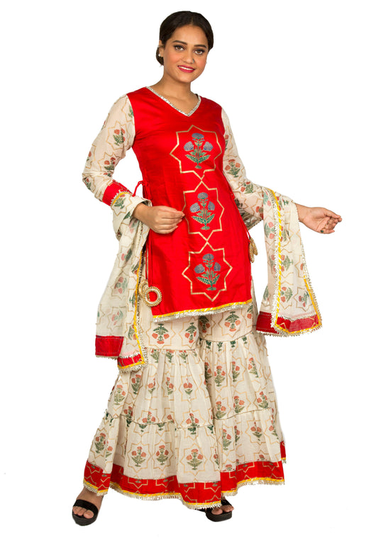 Celebrate in style with our Women’s Red Sharara Set. This 2 piece set is perfect for diwalis, pujas, and other special occasions. The Sharara Pant adds a touch of elegance to any celebration and makes for a great anniversary or housewarming gift.