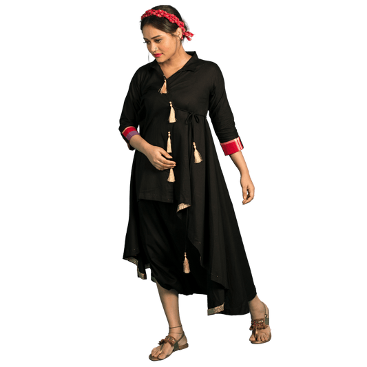 Women’s Black Wrap around Dress with Dhoti pant, designer style easy to wear with smart dhoti style pants. Available in all sizes 