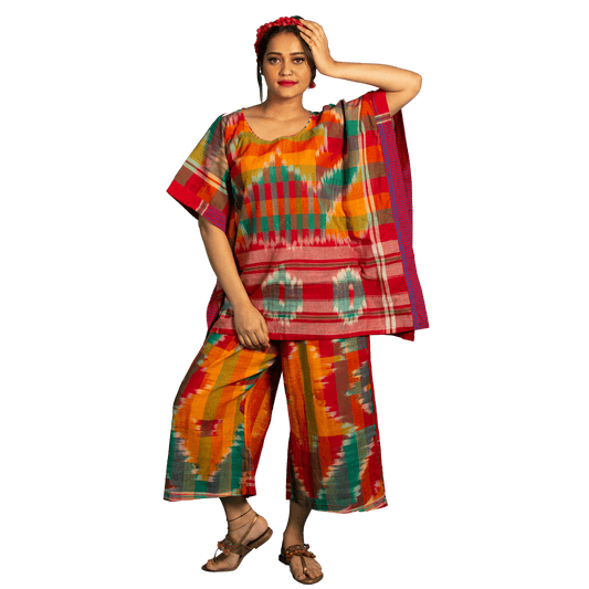 Women’s kaftan Co-ord Set, stylish kaftan with colourful pants. Available in all sizes. Bottom pants are free size.
